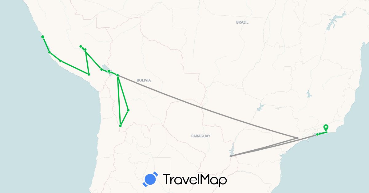 TravelMap itinerary: driving, bus, plane in Bolivia, Brazil, Peru (South America)